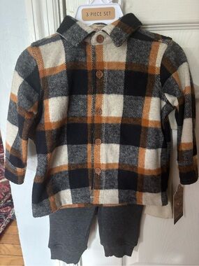 3 piece Kids Plaid Button-Up Shirt Jacket - Black Cream Brown